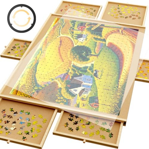 1500 Piece Puzzle Board, 35''x26'' Portable Puzzle Table, 6 Drawers, PP Cover, Lazy Susan Spinning Jigsaw Puzzle Table with Drawers and Cover, Wooden Puzzle Board, for All Age | Amazon (US)