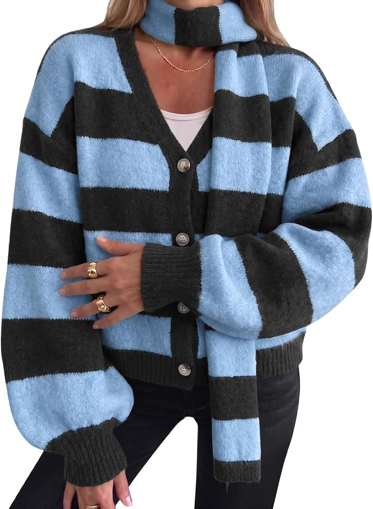 Tankaneo Womens Striped Cardigan Sweaters Long Sleeve Loose Knit Cardigans | Amazon (US)