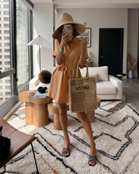 The cutest linen shirt dress styled w raffia bag and straw hat ! Perfect for the weekend XS 

#LTKStyleTip #LTKShoeCrush #LTKItBag
