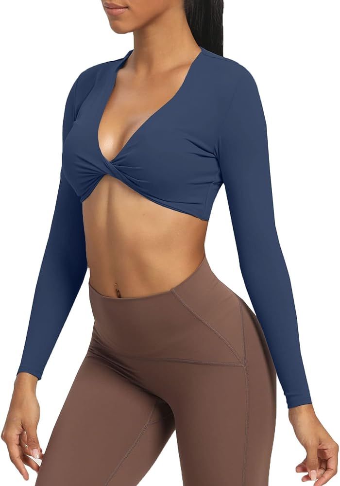 Aoxjox Long Sleeve Crop Tops for Women Sienna Twist Deep V Workout Crop T Shirt Top | Amazon (US)