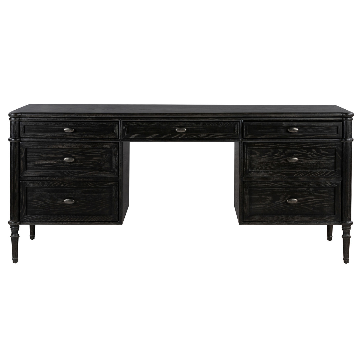 Tacorey Rustic Lodge Black Solid Oak Wood 7 Drawer Executive Desk | Kathy Kuo Home