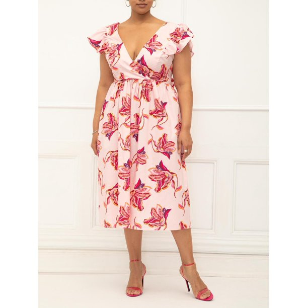 ELOQUII Elements Women's Plus Size Surplice Midi Dress with Ruffle Sleeves | Walmart (US)