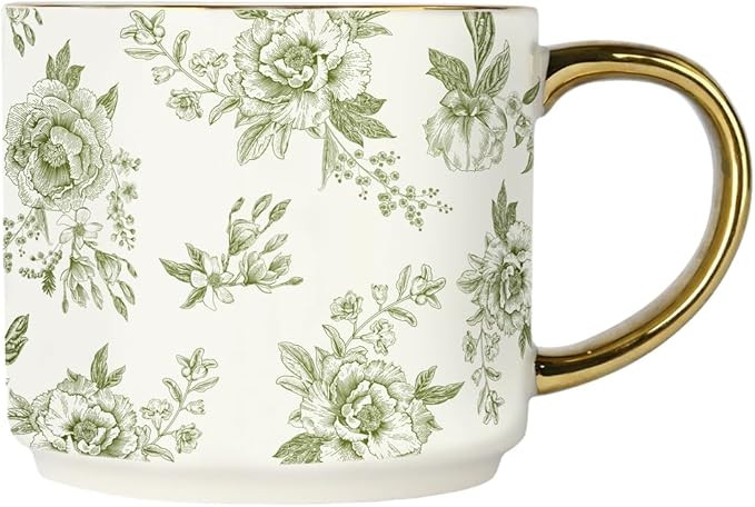 Sweet Water Decor Green Delft Coffee Mug, Vintage Green Floral Design with Gold Handle & Rim, 14o... | Amazon (US)