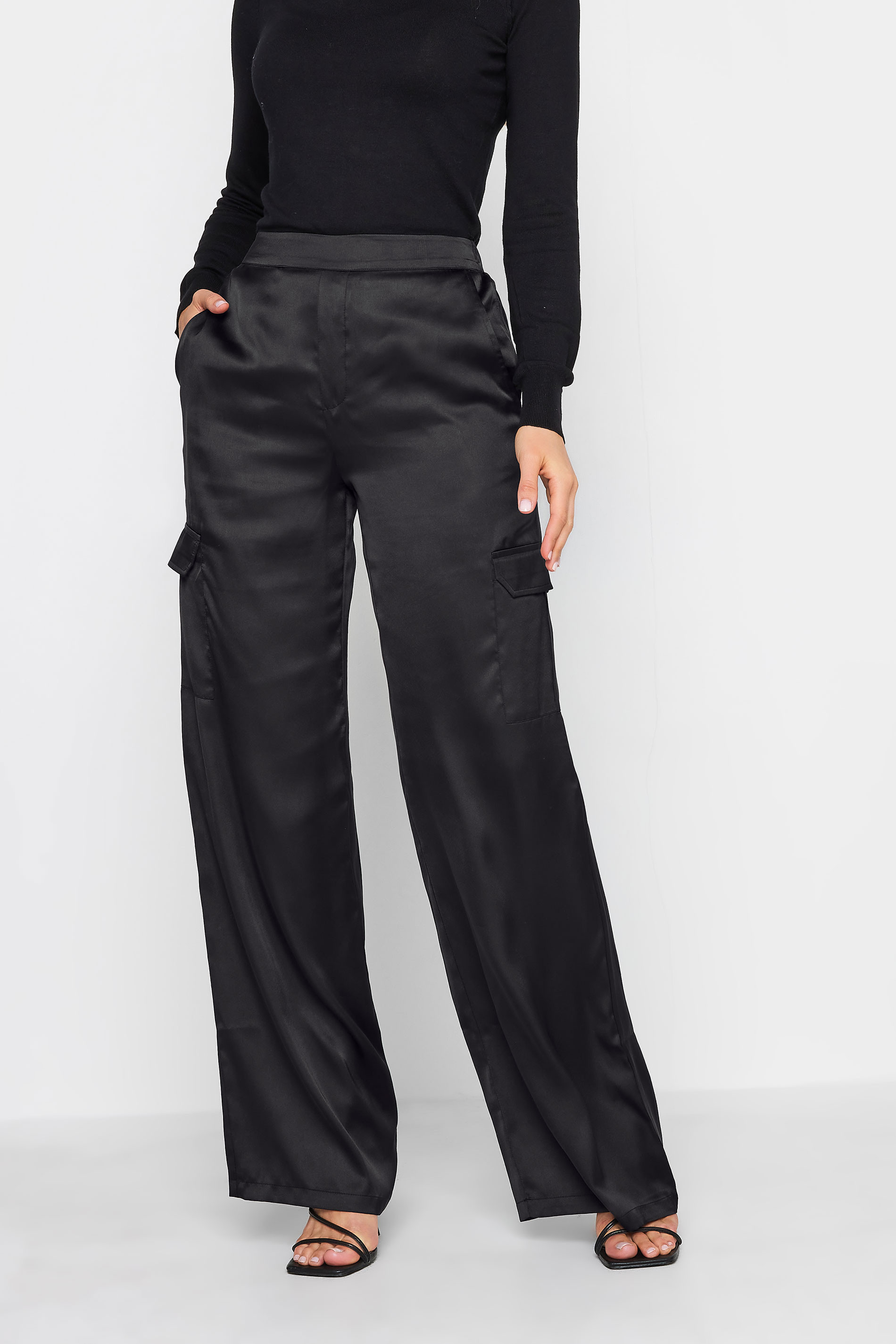 LTS Tall Black Satin Wide Leg Trousers | Long Tall Sally