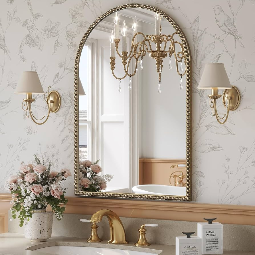 Arched Beaded Mirror, 24"x36" Champagne Bronze Mirror for Bathroom | Amazon (US)