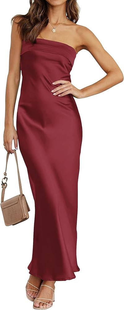 MEROKEETY Women's Summer Satin Strapless Bodycon Dress 2026 Backless Tube Wedding Guest Cocktail ... | Amazon (US)