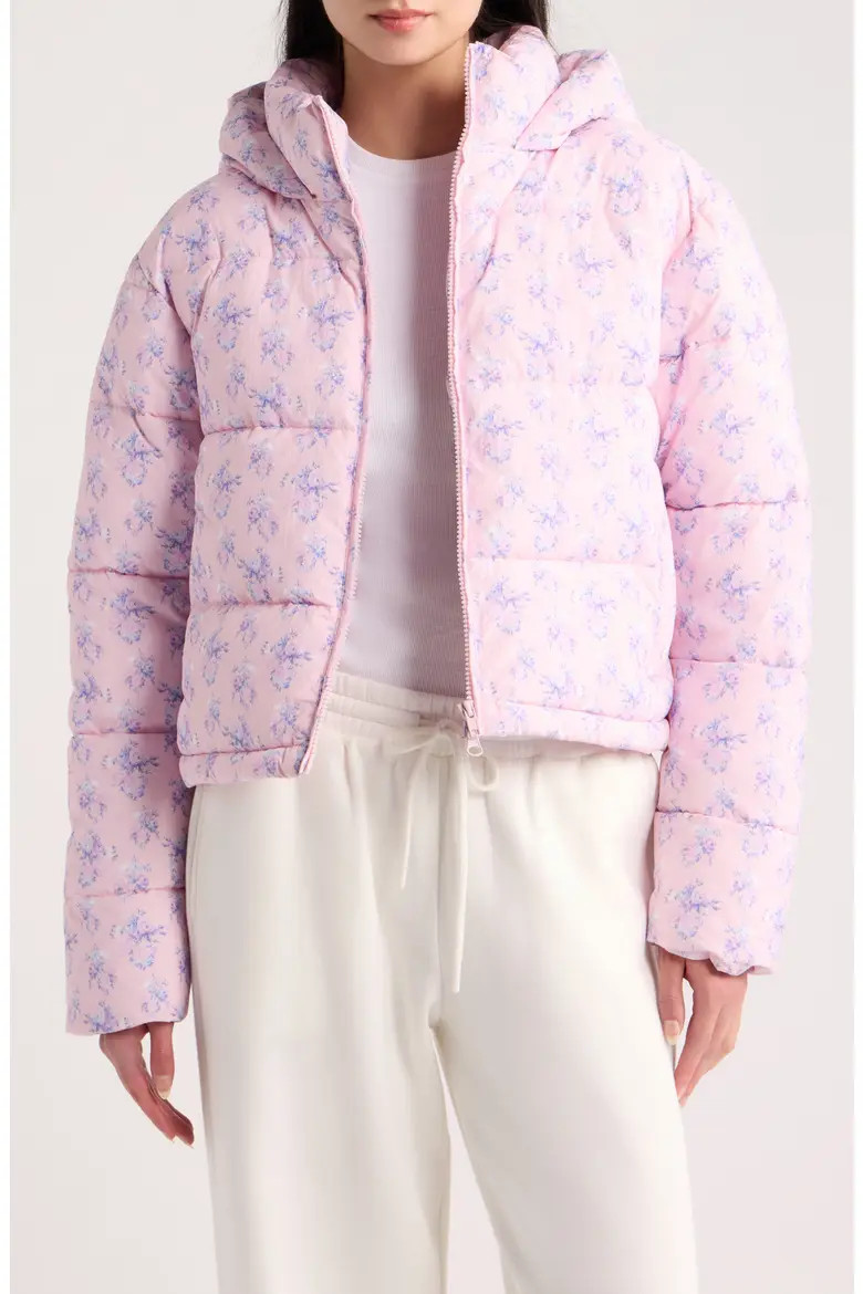 LoveShackFancy Moore Floral Water Resistant Puffer Jacket in Iced Mauve at Nordstrom, Size Medium | Nordstrom