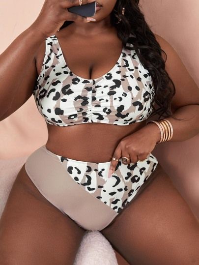 Plus Leopard & Color Block Bikini Swimsuit | SHEIN