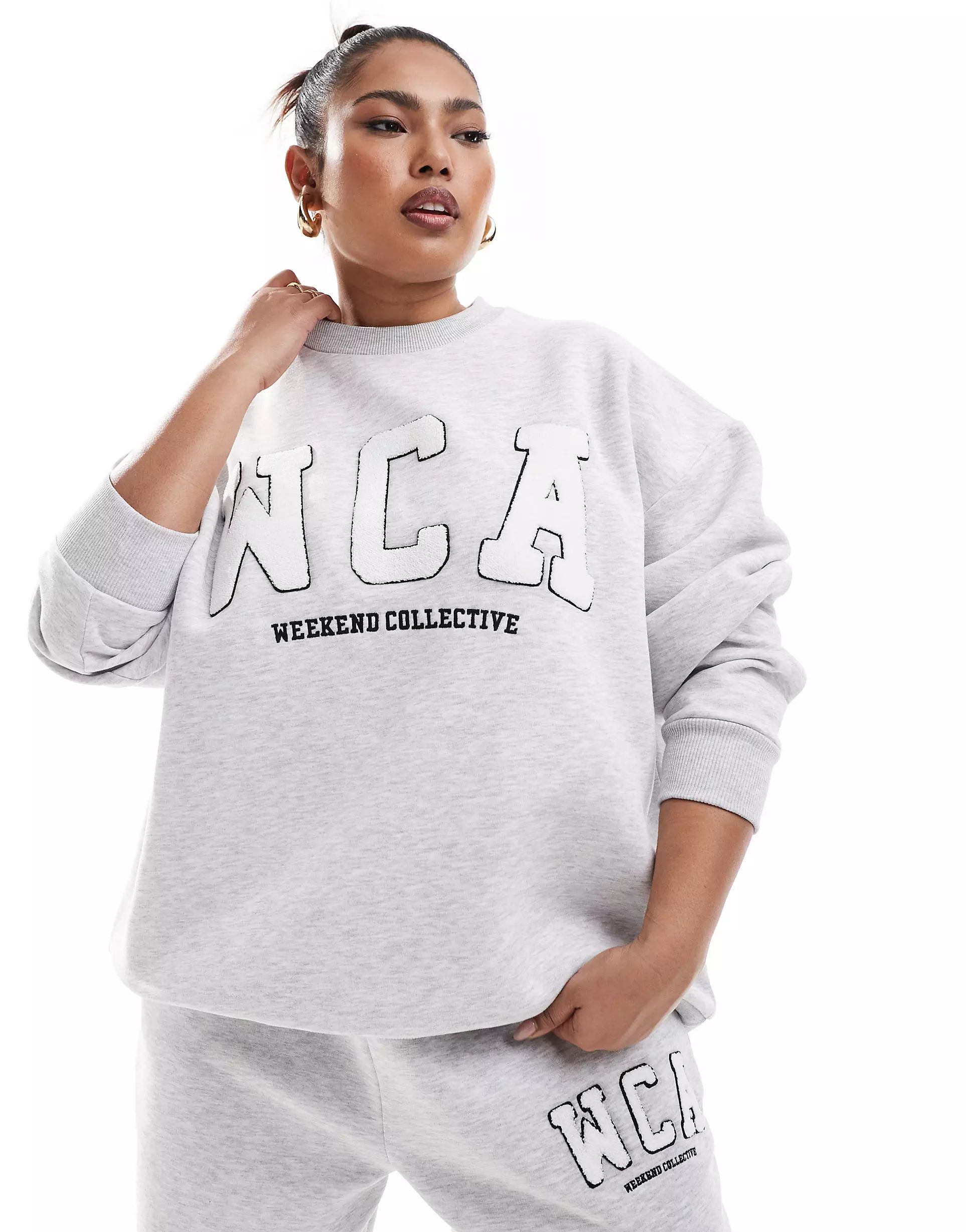 ASOS Weekend Collective Curve sweat with varsity logo in grey marl | ASOS (Global)