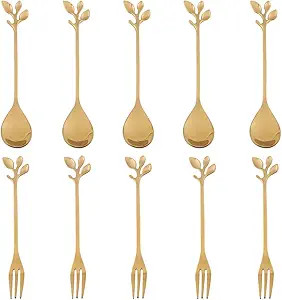 AnSaw 10-Piece Stainless Steel Gold Leaf Coffee Spoon appetizer fork-Creative Tableware Dessert S... | Amazon (US)