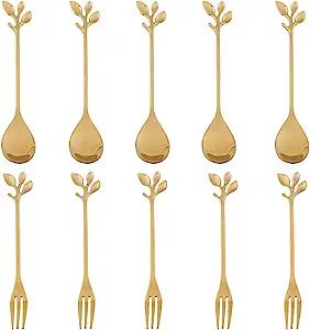 AnSaw 10-Piece Stainless Steel Gold Leaf Coffee Spoon appetizer fork-Creative Tableware Dessert S... | Amazon (US)