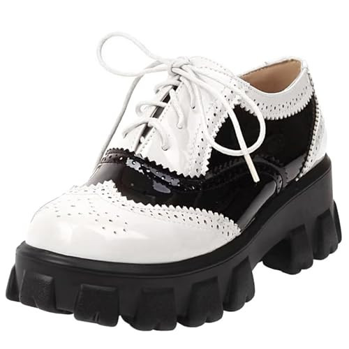 Agodor Platform Oxford Wingtip Shoes Vintage Lace up Low Chunky Heels Retro Round Toe Brogue Patent Leather Oxford Shoes (US 10.5, 1-White) | Amazon (US)