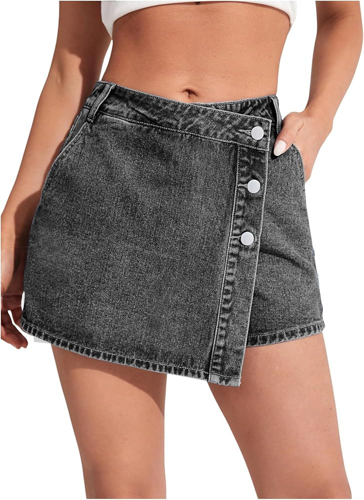 WDIRARA Women's High Waisted Button Front Denim Skort Asymmetrical Hem Skirt Shorts | Amazon (US)