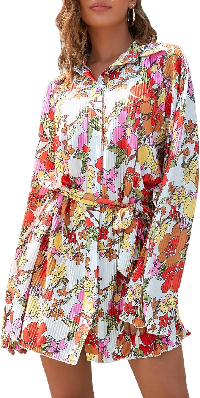 Neufigr Shirt Dresses for Women Summer Dresses Vneck Long Sleeve Mini Button Down Dress Casual Ru... | Amazon (US)