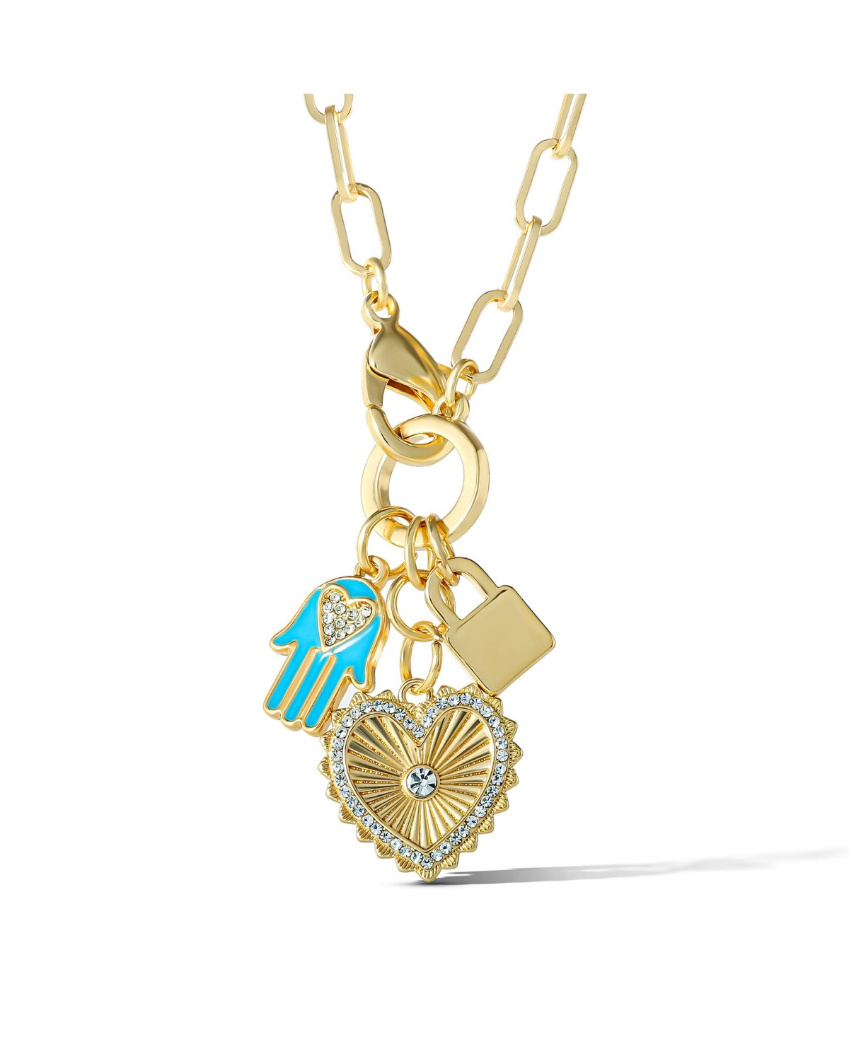 Jessica Simpson Womens Triple Charm Necklace 17" - Gold-Tone Necklace with Lock Charm and Heart Charms - Gold tone | Macy's
