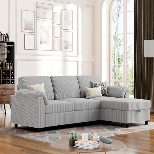 Vongrasig Convertible Sectional Couches Sofa, 3 Seat L Shaped Sofa with Removable Pillows Soft Corduroy Fabric Small Couch Mid Century for Living Room, Bed Room, Apartment and Office (Light Grey) | Amazon (US)