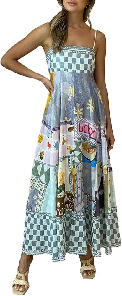 Women Cute Print Maxi Cami Dress Sleeveless Spaghetti Strap Boho Dress Graffiti Long A Line Flowy... | Amazon (US)