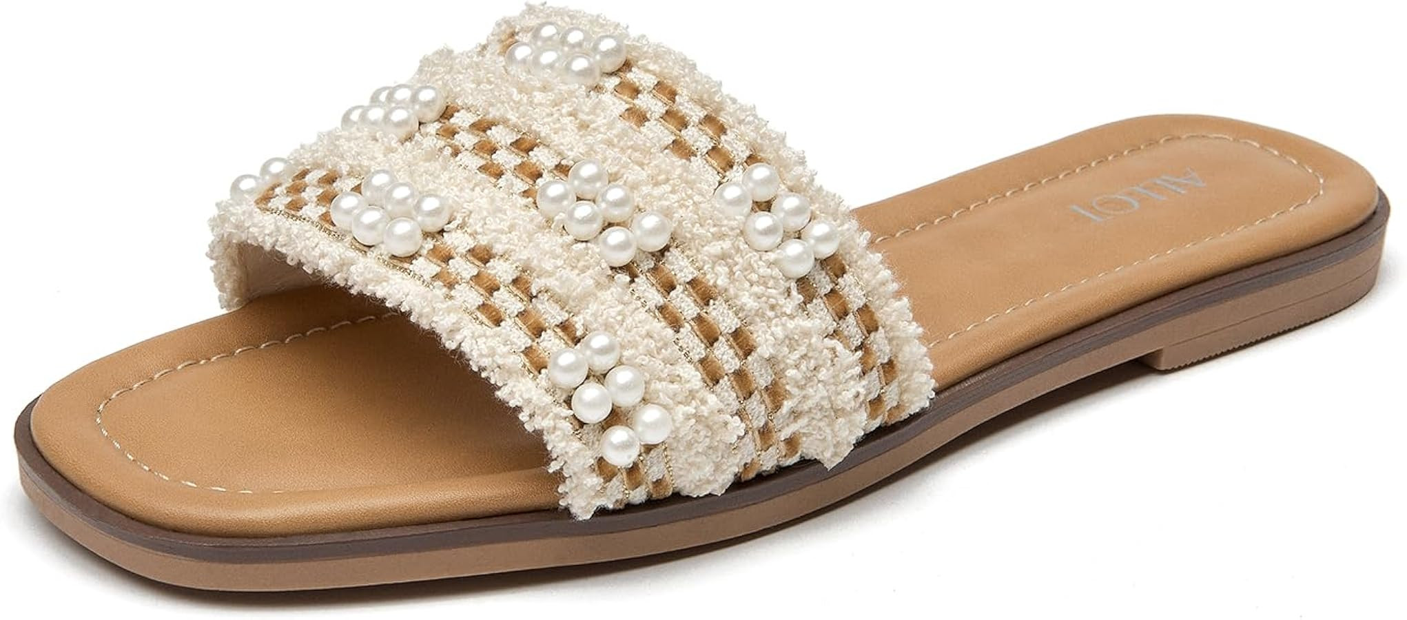 ALLOT Women's Pearls Flat Sandals Square Toe Slip On Comfortable Slides Summer Casual Beach Shoes | Amazon (US)