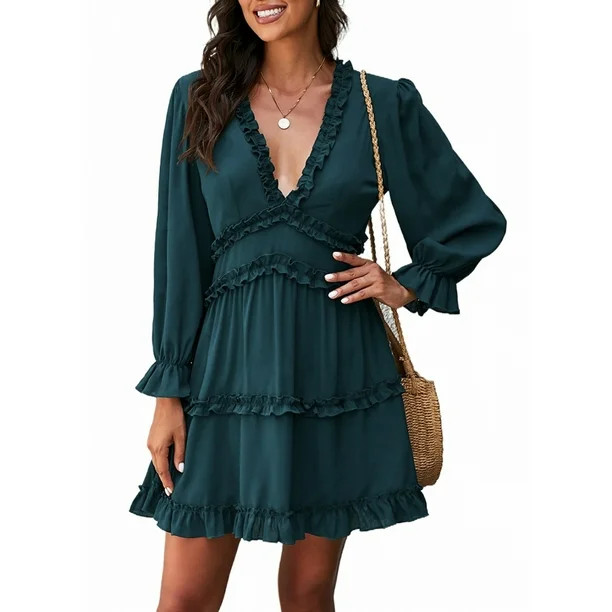 Dokotoo Women's Navy Green Deep V Neck Long Sleeve Ruffle Hem Mini Dress Size Small US 4-6 | Walmart (US)