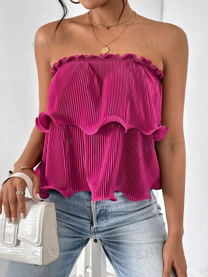 SHEIN Essnce Frill Trim Plisse Tube Top | SHEIN