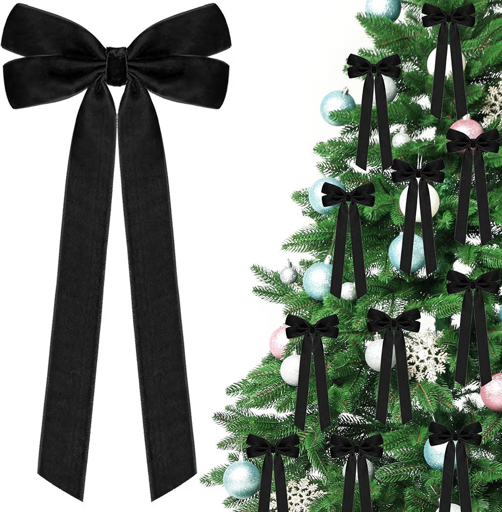MUKOSEL 12Pcs 5in X 10in Black Velvet Ribbon Bows Christmas Tree Decorations, Xmas Ornaments Vint... | Amazon (US)