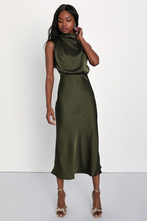 Distinctive Charm Olive Green Satin Asymmetrical Midi Dress | Lulus (US)
