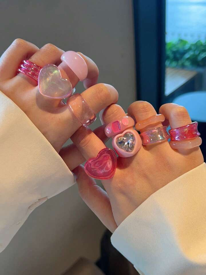 11pcs/set Fashionable Pink Heart Shaped Resin/crystal Women's Rings, Party/punk Jewelry | SHEIN U... | SHEIN