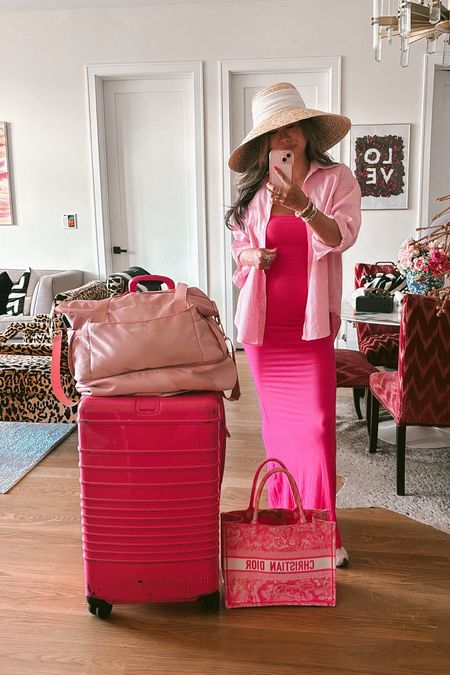 Travel outfit, Amazon travel, Amazon weekend bag, skims like dress, Amazon maxi pink dress, sun hat Eugenia Kim but found a save version, stripe button down, new balance sneakers 
Travel style, summer outfit. Wearing a small in all 

#LTKTravel #LTKStyleTip #LTKFindsUnder100