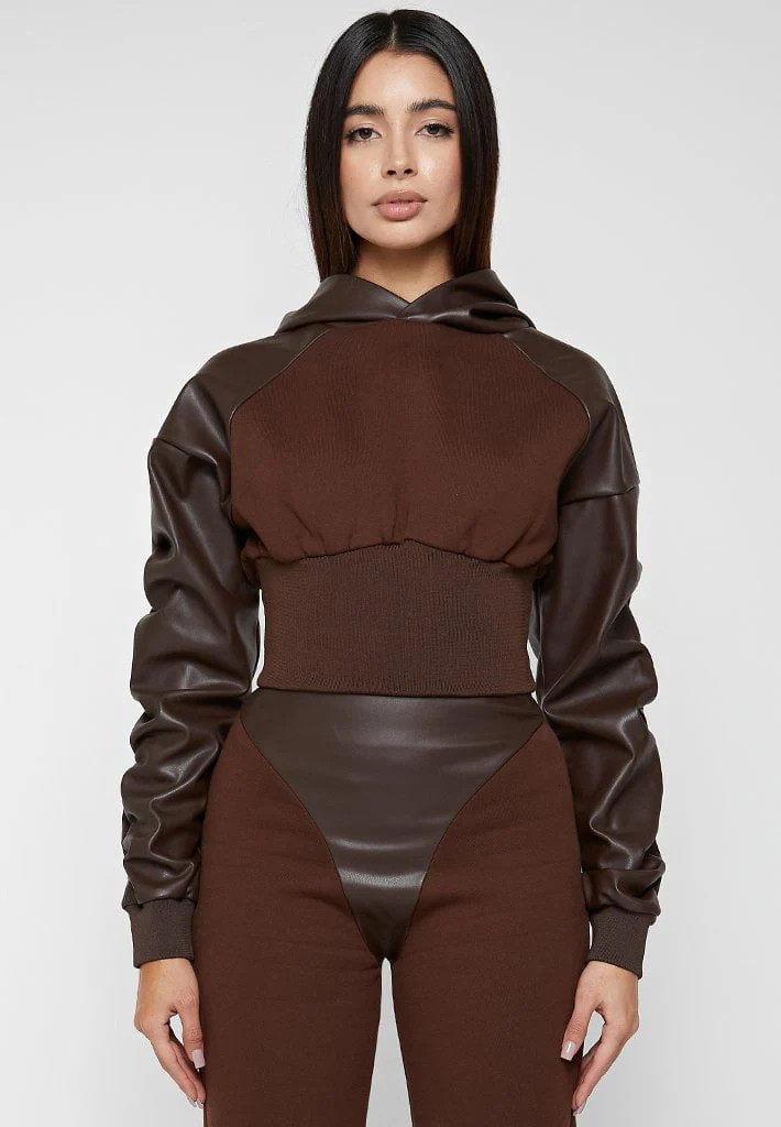Tacked Sleeve Cropped Hoodie - Brown | Maniere De Voir