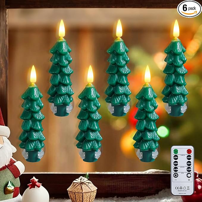 6pcs Tree Shaped Flameless Real Wax Green Taper Candles with Remote and Timer, 0.78" x5" Window L... | Amazon (US)