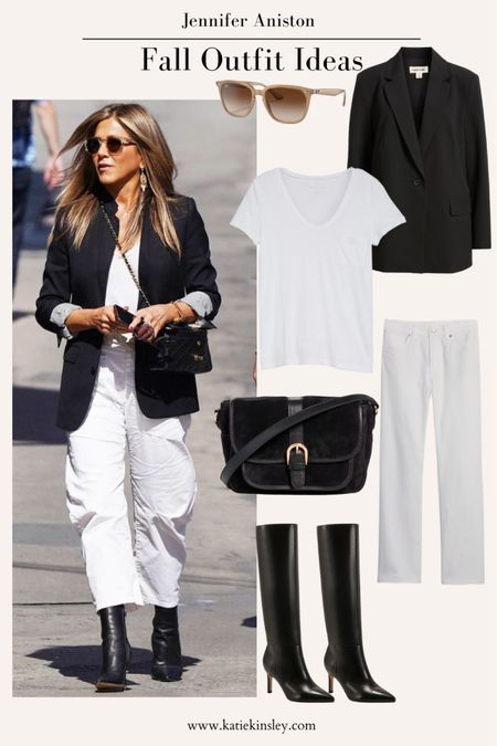 Jennifer Aniston fall outfit idea: white pants, black boots, black crossbody bag, black blazer, white top

#LTKFind #LTKSeasonal #LTKstyletip