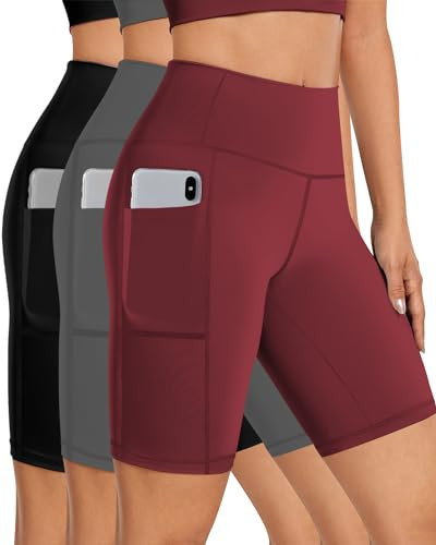 Biker Shorts Women Tummy Control Pockets Yoga Workout Stretchy Spandex Shorts Leggings Athletic Running Compression Shorts Tights Knee Length Ladies Long Slip Booty Shorts Dresses Black Grey Wine | Amazon (US)