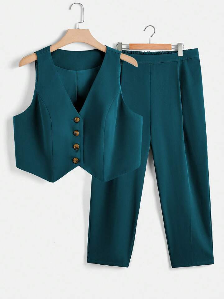 SHEIN Clasi Plus Button Front Vest Blazer & Pants | SHEIN