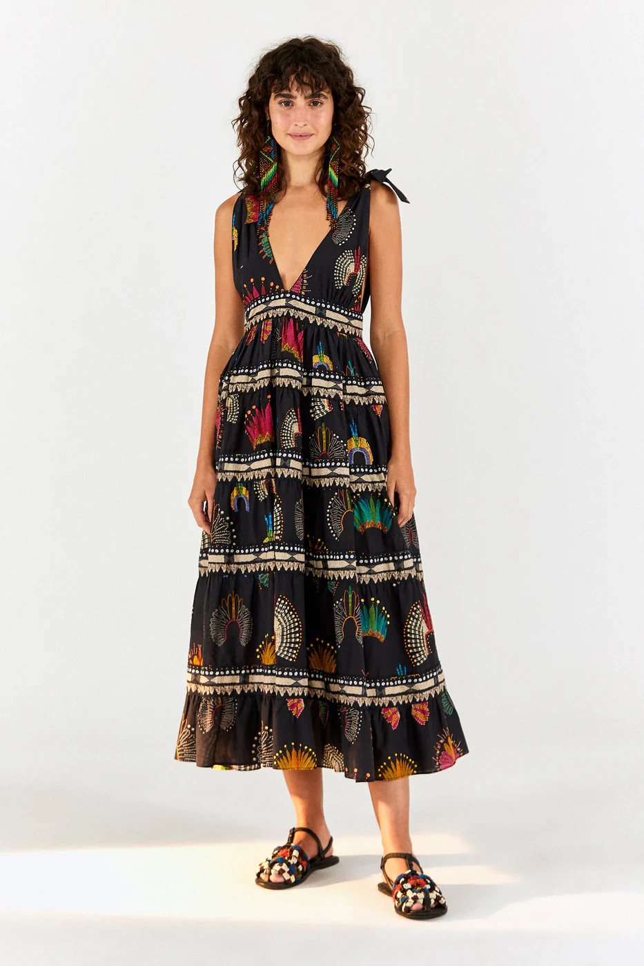 BLACK WONDERFUL HEADDRESS V NECK MIDI DRESS | FarmRio (US)