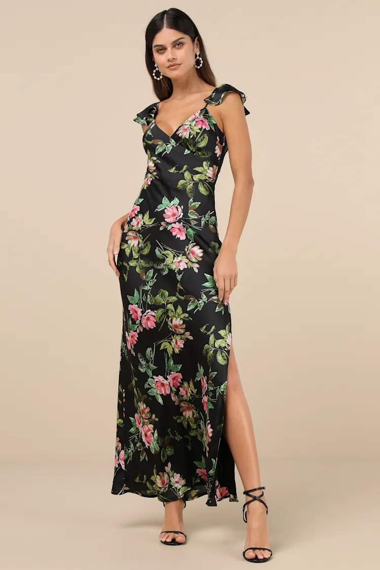 Captivating Grace Black Floral Satin Ruffled Maxi Dress | Lulus