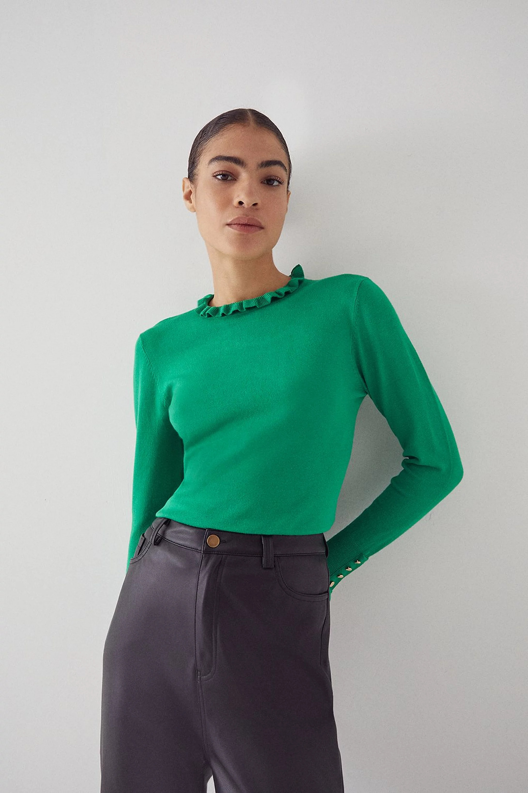 Ruffle High Neck Knit Jumper | Warehouse UK & IE
