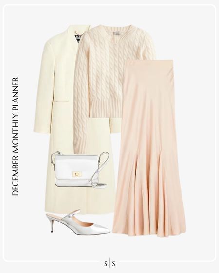 Monthly outfit planner: DECEMBER: Winter looks | ivory topcoat, silk satin skirt, cable knit sweater, sling back metallic heel, metallic handbag, Holiday outfit, party outfit, New Years outfit, Christmas 

See the entire calendar on thesarahstories.com ✨ 

#LTKstyletip #LTKHoliday