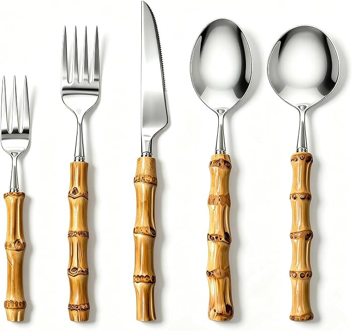 20-Piece Bamboo Handle Silverware Set for 4, 18/8 Stainless Steel Flatware Includes Knives, Forks... | Amazon (US)