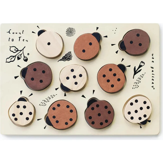 WOODEN TRAY PUZZLE - COUNT TO 10 LADYBUGS, Brown - Kids Toys | Wee Gallery from Maisonette | Maisonette