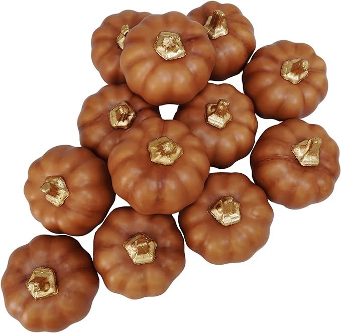 Winlyn 12 Pcs Small Brown Artificial Pumpkins Fall Rustic Decorative Pumpkins Faux Foam Caramel P... | Amazon (US)