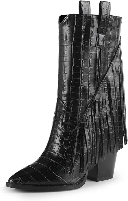 ISNOM Mid Calf Fringe Boots for Women, Cowboy Boots Pointed Toe Cowgirl Western Boot Chunky Stack... | Amazon (US)