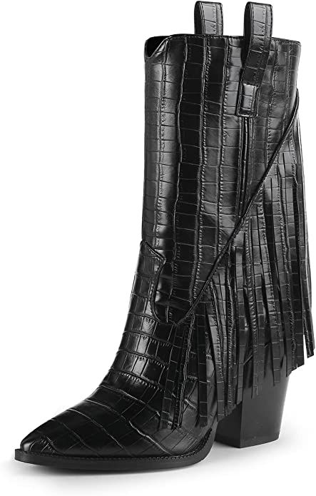 Amazon.com | ISNOM Black Cowboy Boots for Women Cowgirl Boots Womens Cowboy Boots Black Fringe Co... | Amazon (US)