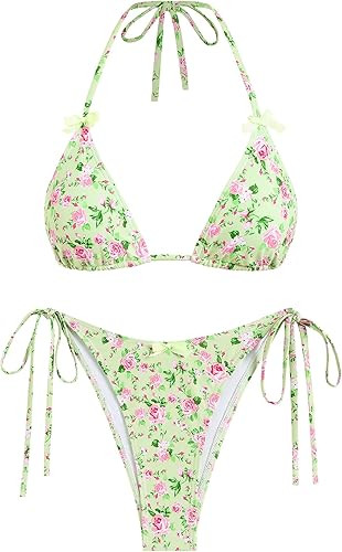 ZAFUL Women's Sexy Halter Bikini Sets Bow Decor Tiny Floral Print Bikini Swimsuits Tie Side Trian... | Amazon (US)