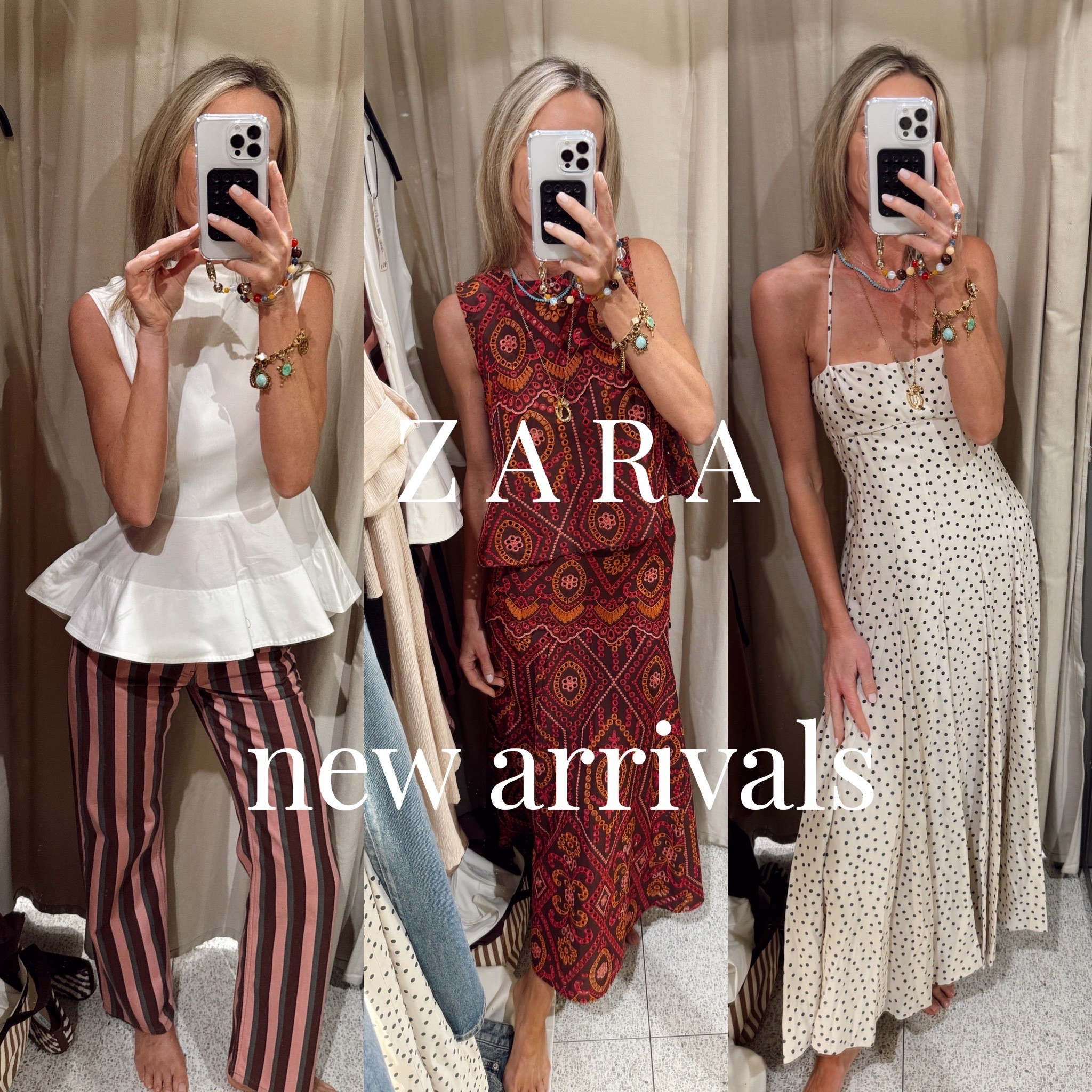 SO many good things!!
Sizing ///
26 jeans // 2 jean shorts // XS skirt and top // small white peplum top // small polka dot dress // small tan set // large nude sweater with big buttons! Size up! So good 

Size small gold satin dress // small green top // XS blue embroidered top // size small white pants and small blue button top!! 

Xoxo 