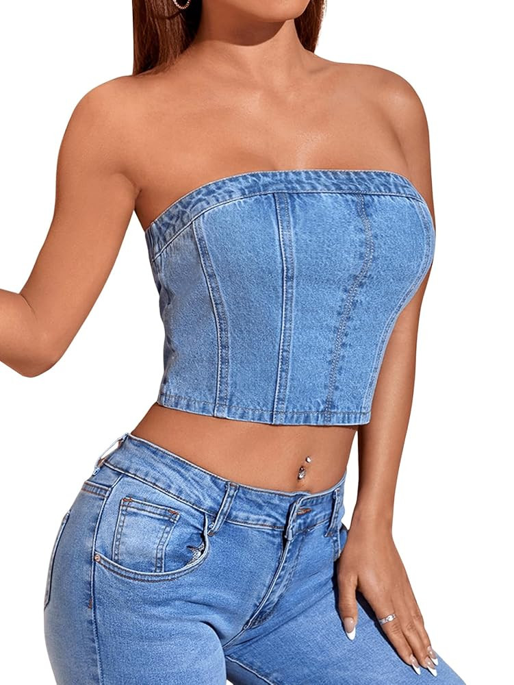 SweatyRocks Women's Casual Slim Fit Tube Denim Top Solid Elastic Trim Pullover Crop Tops | Amazon (US)