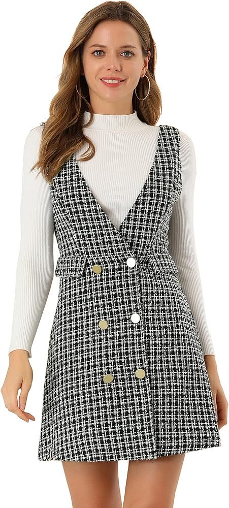 Allegra K Women's Elegant Vintage Button Front V Neck Plaid Tweed Overalls Pinafore Dress | Amazon (US)