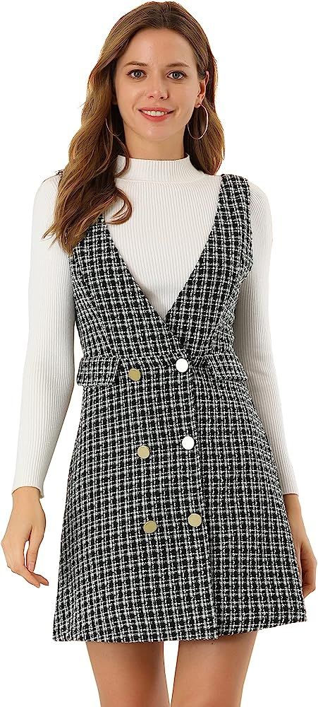 Allegra K Women's Elegant Vintage Button Front V Neck Plaid Tweed Overalls Pinafore Dress | Amazon (US)