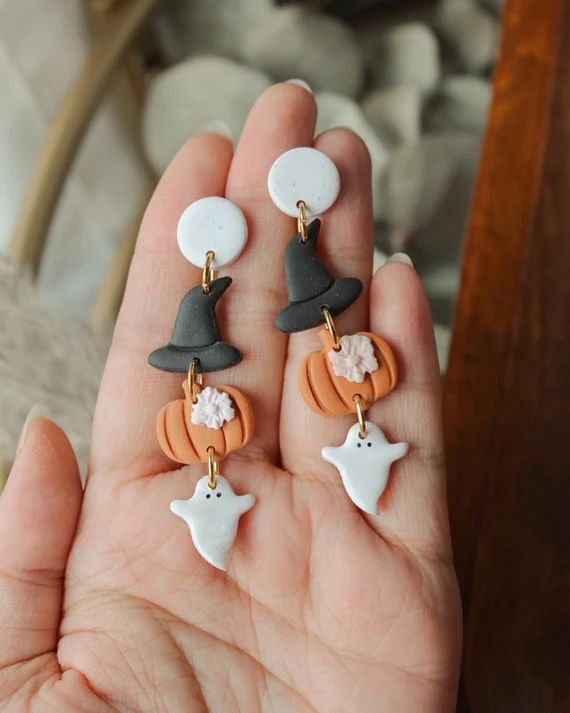 Fall Favorite Dangles | Polymer Clay Witch Hat Pumpkin Ghost Earrings | Statement Earrings | Oran... | Etsy (US)