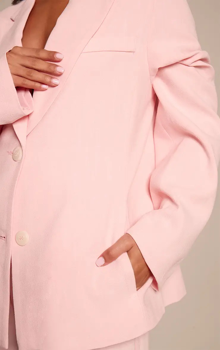 PrettyLittleThing Petite Baby Pink Linen Look Linen Oversized Pocket Blazer | Boohoo | Boohoo.com (UK & IE)