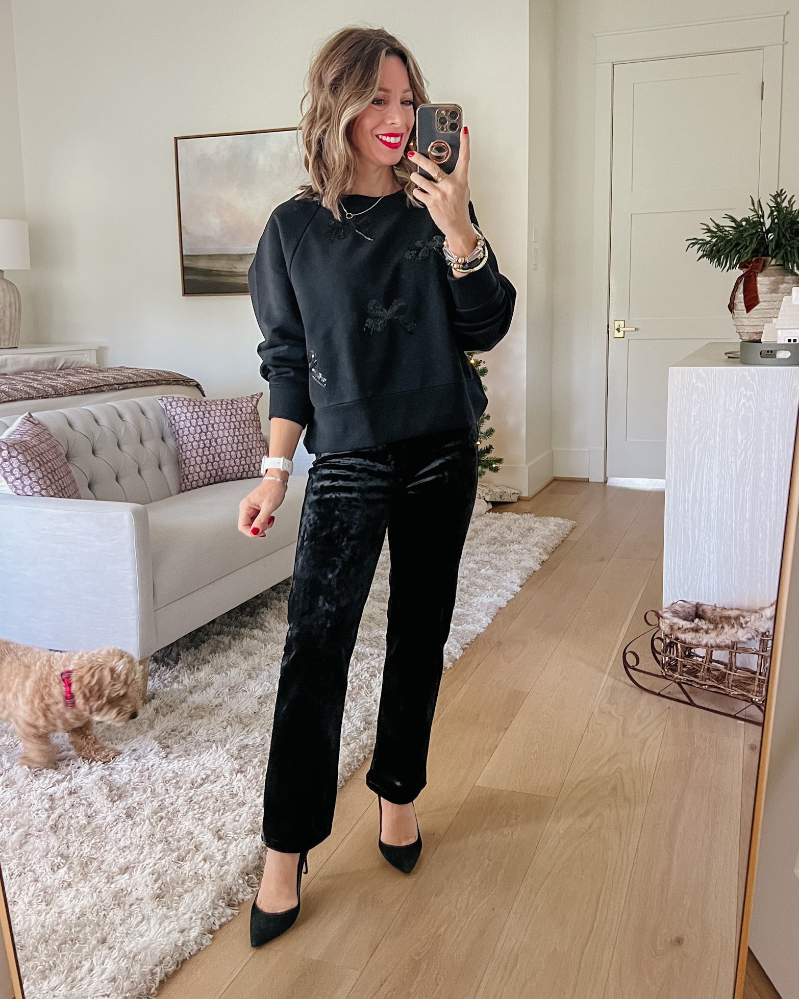 Another all black look perfect for holiday parties! The crushed velvet pants are so elevated and the sequin bows on the sweater give you a cute little sparkle! ✨ 

Sweater Fit: I’m wearing an XS

Pants Fit: I’m wearing a 25P

#LTKHoliday #LTKSaleAlert #LTKWatchNow